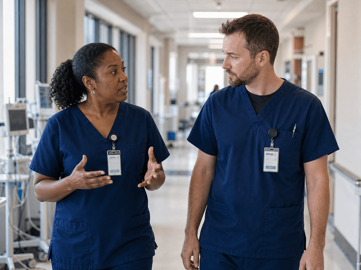 A charge nurse and staff nurse reviewing a shift plan on a tablet.