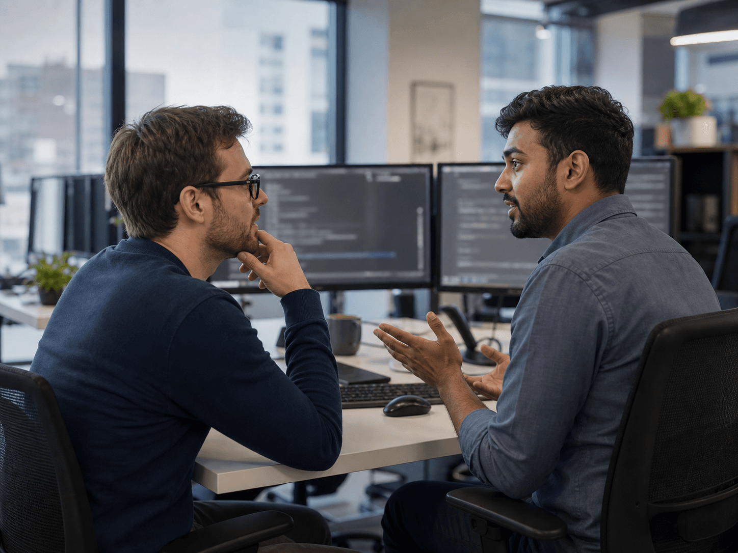 A team lead and software engineer in a one-on-one at a desk.