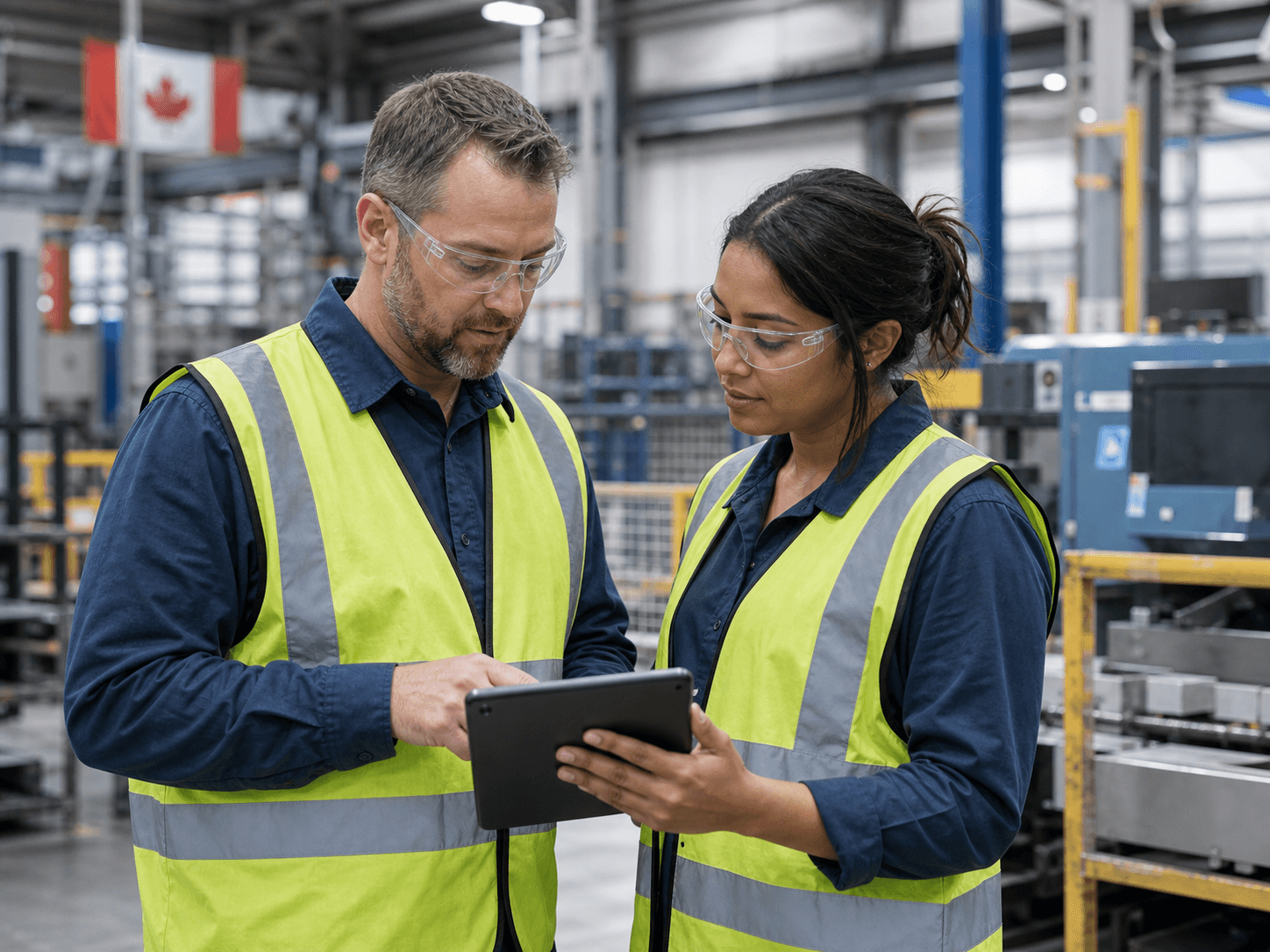 A line supervisor and operator reviewing a work order on the factory floor.